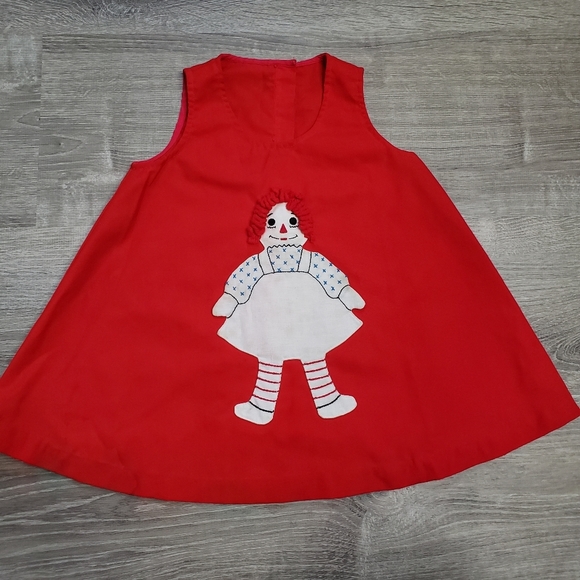 VINTAGE RAGGEDY ANN Applique Jumper Dress Red retro1960s Yarn Hair - Picture 10 of 10